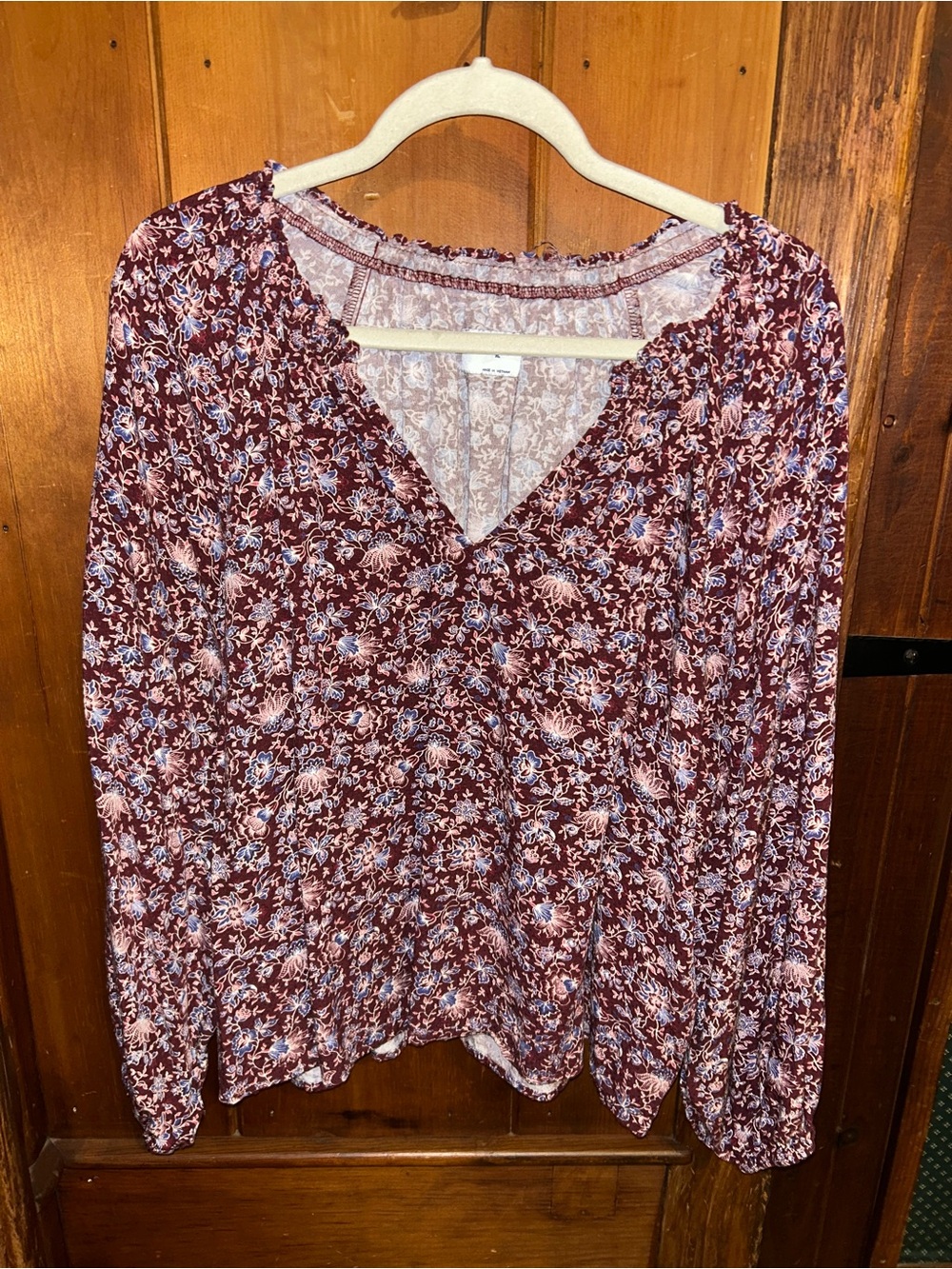 Woven Peasant V-Neck Long Blouse - Burgundy Floral